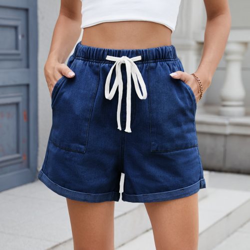 Washed Curling Elastic Waistband Lace Up Denim Shorts in Shorts
