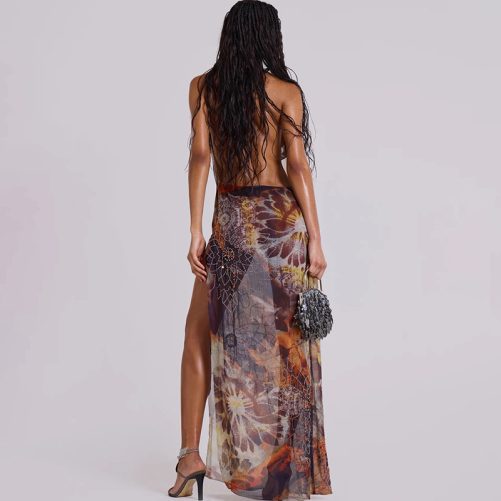 Printed Sexy Bead Necklace Halter Backless Split Dress in Dresses