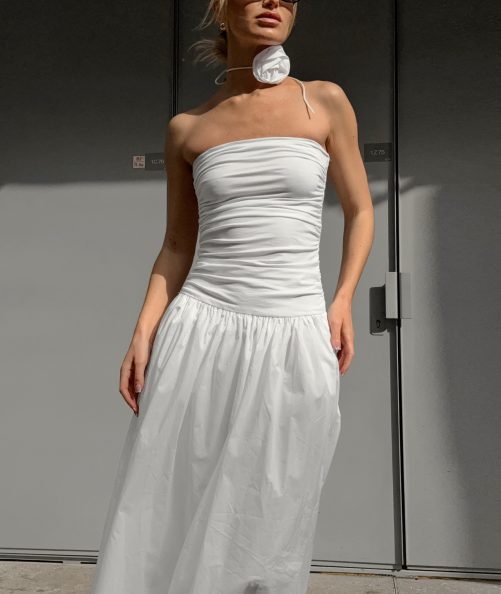 White Elegant Off The Shoulder Strap Slim Tube Top Low Waist Slimming Dress in Dresses