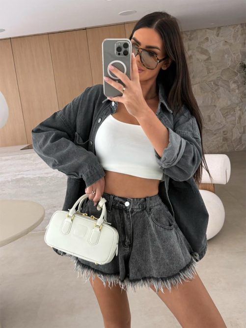 High Waist Umbrella Black Denim Shorts in Shorts