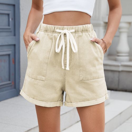Washed Curling Elastic Waistband Lace Up Denim Shorts in Shorts