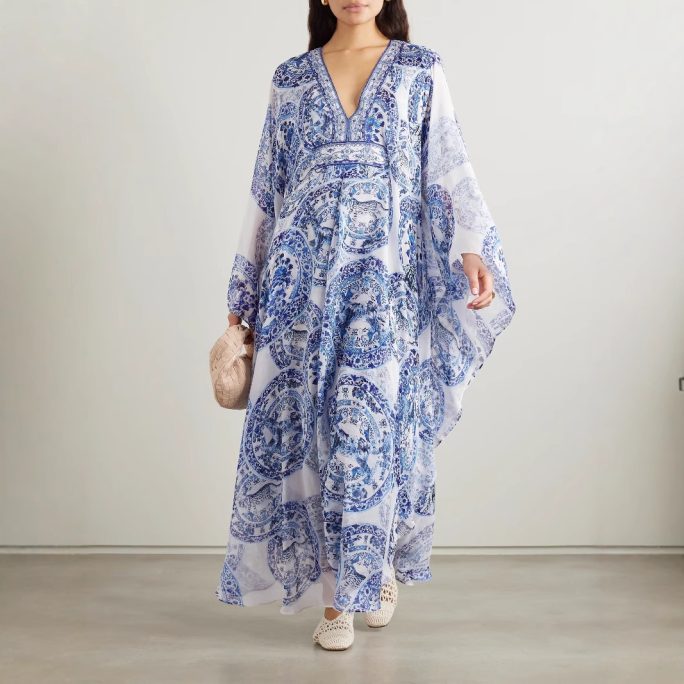 Blue White Porcelain Printed Loose Fitting V Neck Dress in Dresses