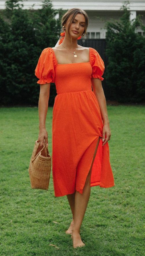 Puff Sleeve Split Maxi Dress in Dresses