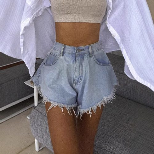 Elastic Waist Fur Edge Umbrella Type Denim Shorts in Shorts