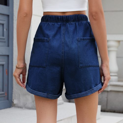 Washed Curling Elastic Waistband Lace Up Denim Shorts in Shorts