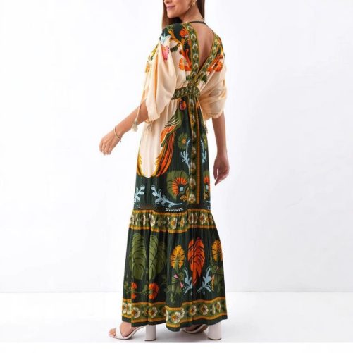 V Neck Retro Ethnic Printing Maxi Dress in Dresses