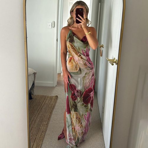 Sexy Waist Trimming Backless Halter Split Dress in Dresses