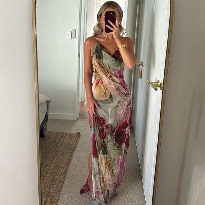 Sexy Waist Trimming Backless Halter Split Dress in Dresses
