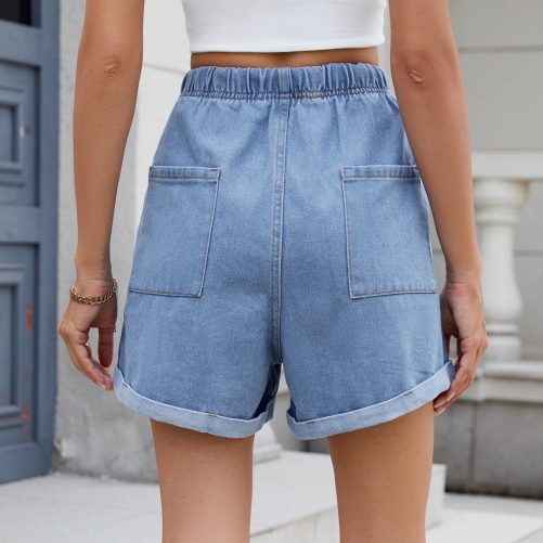 Washed Curling Elastic Waistband Lace Up Denim Shorts in Shorts