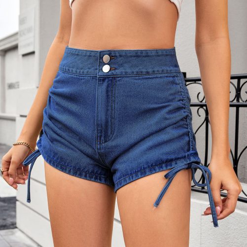 Washed High Waist Pleated Drawstring Sexy Slimming Denim Shorts in Shorts