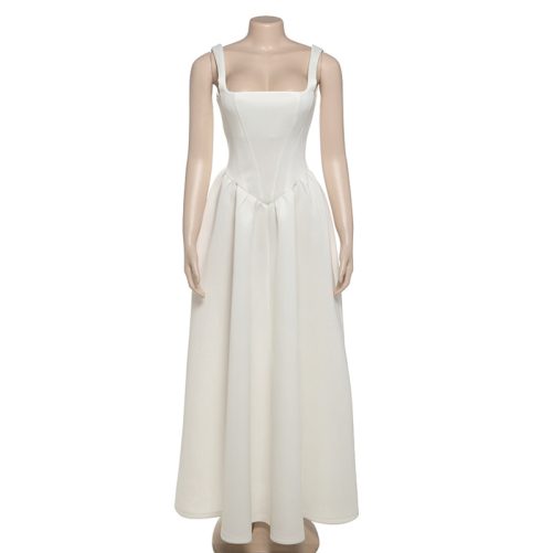 French Square Collar Slim Fit Backless Wide Hem Dress in Dresses