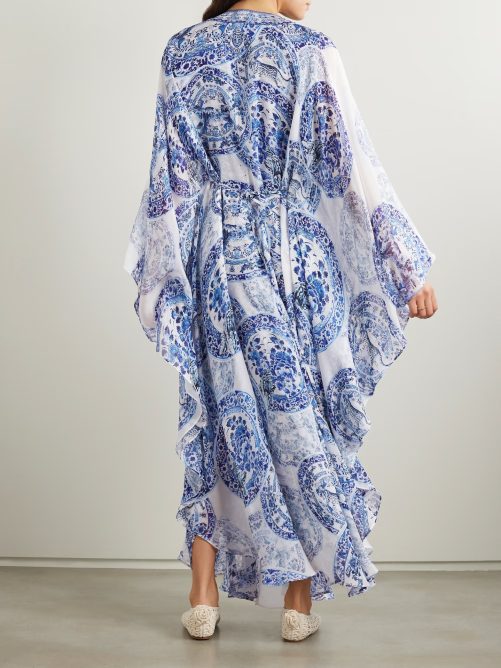 Blue White Porcelain Printed Loose Fitting V Neck Dress in Dresses