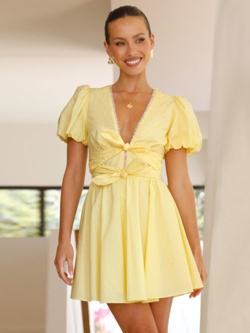 Puff Sleeve Deep V Plunge Neck Lace Up Dress in Dresses