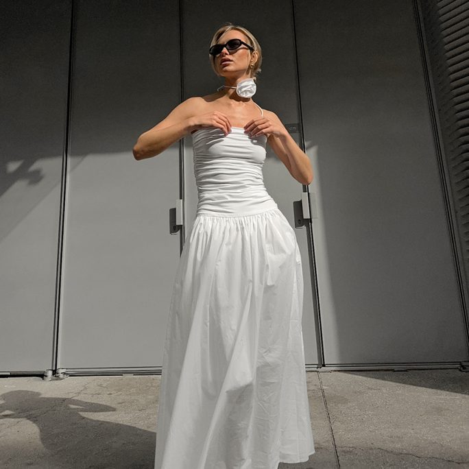 White Elegant Off The Shoulder Strap Slim Tube Top Low Waist Slimming Dress in Dresses