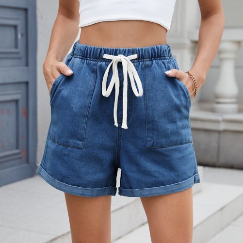 Washed Curling Elastic Waistband Lace Up Denim Shorts in Shorts