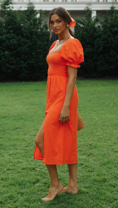 Puff Sleeve Split Maxi Dress in Dresses