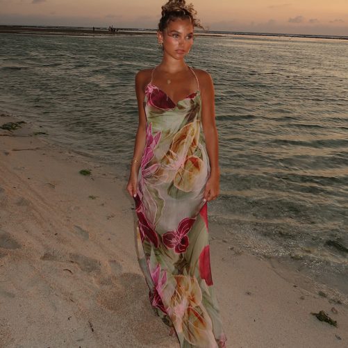 Sexy Waist Trimming Backless Halter Split Dress in Dresses