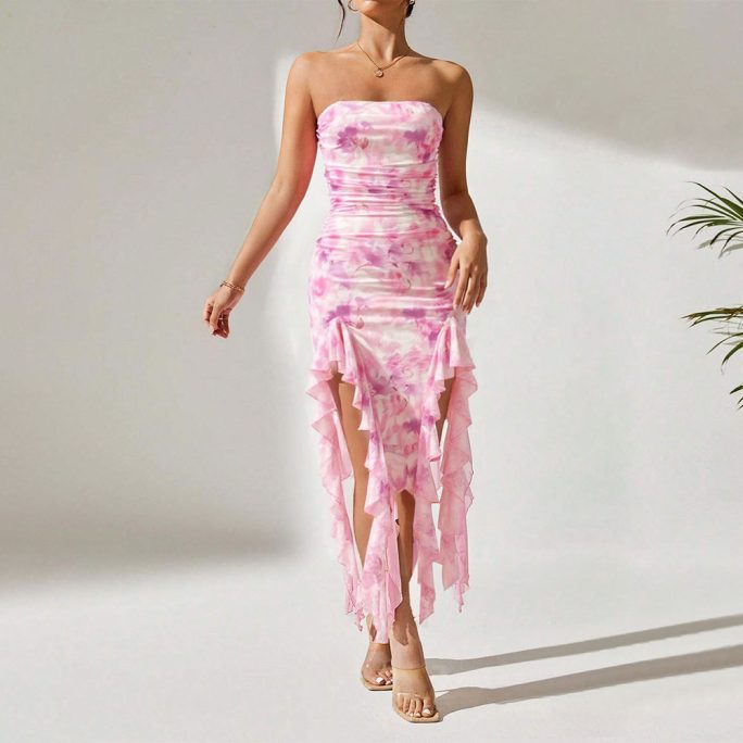 Sexy Tube Top Ruffles Slit Dress in Dresses