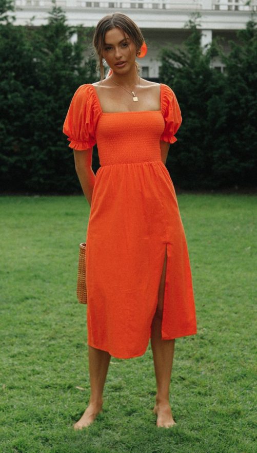 Puff Sleeve Split Maxi Dress in Dresses