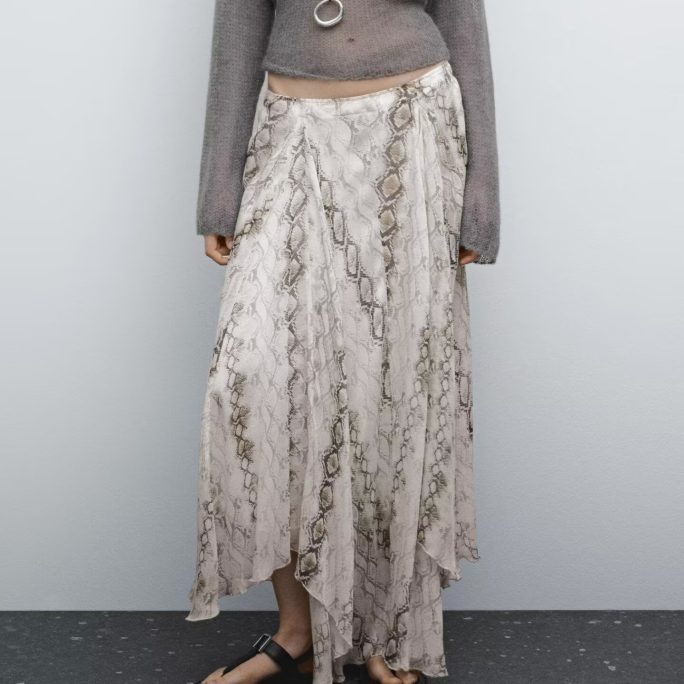 Snake Print Wide Swing Midi Skirt in Skirts