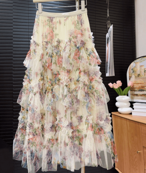 Stitching Printing Floral Puffy Long Skirt in Skirts