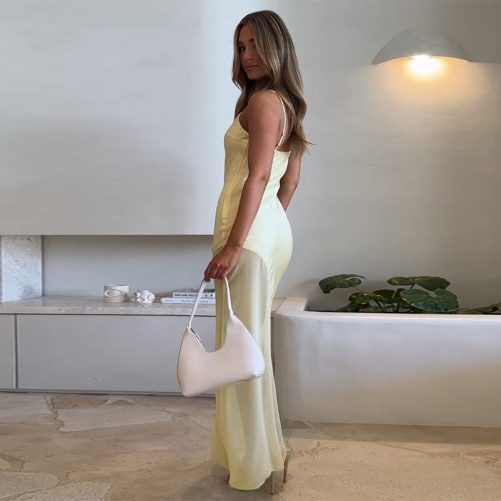 Elegant Slim Satin Stitching Mesh Spaghetti Strap Dress in Dresses