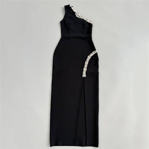 Sexy One Shoulder Sleeveless Rhinestone Slit Maxi Dress in Dresses