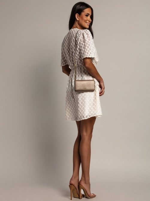V Neck Waist Trimming Short Sleeved Plaid Pleated Dress in Dresses