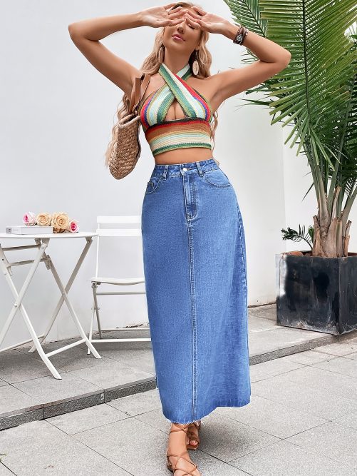 High Waist Slimming A Line Denim Skirt in Skirts