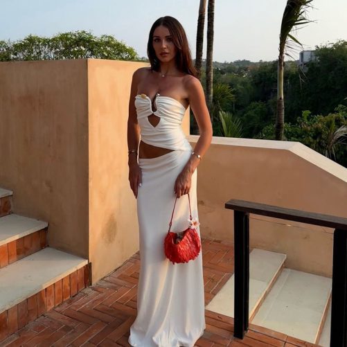 Sexy Tube Top Stitching Steel Ring Cropped Sheath Long Dress in Dresses