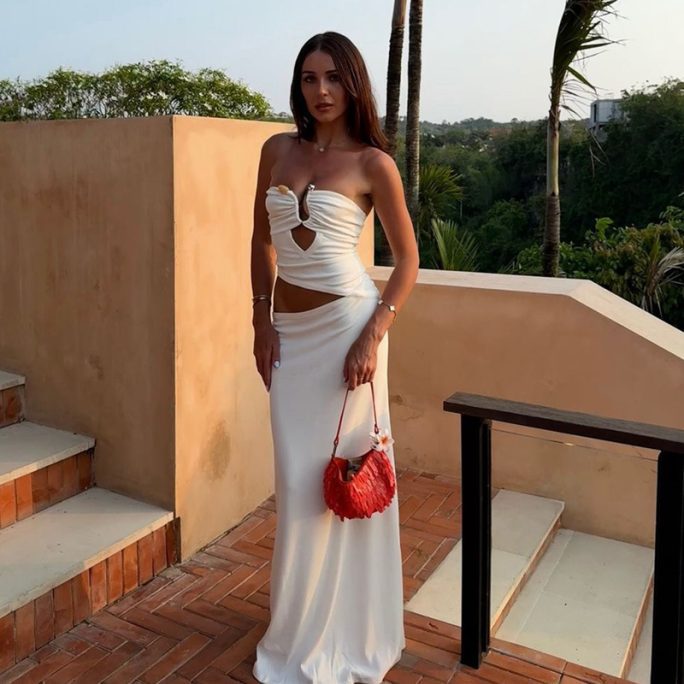 Sexy Tube Top Stitching Steel Ring Cropped Sheath Long Dress in Dresses