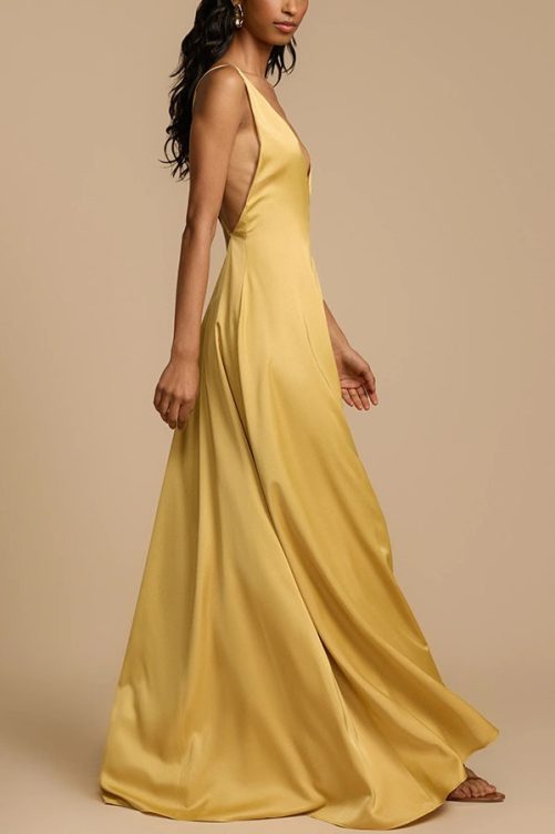 Sexy Backless V Neck Satin Maxi Dress in Dresses