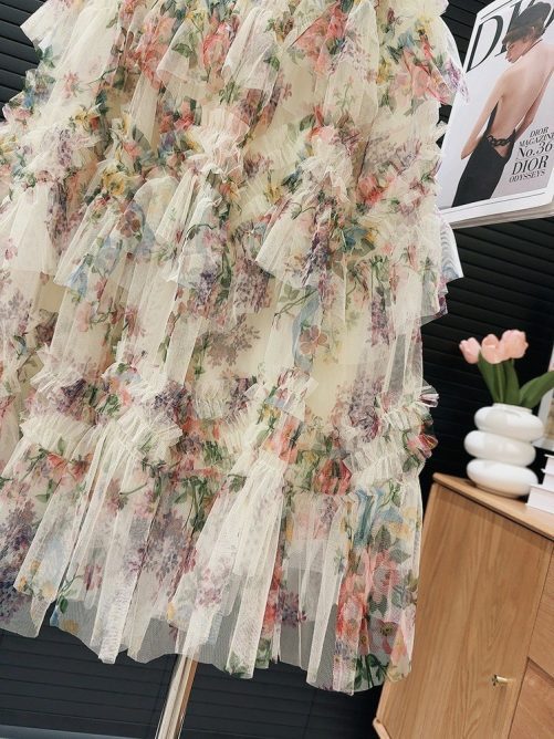 Stitching Printing Floral Puffy Long Skirt in Skirts