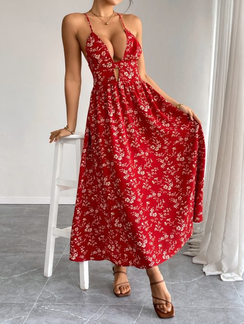 Retro V Neck Floral Slim Fit Maxi Dress in Dresses