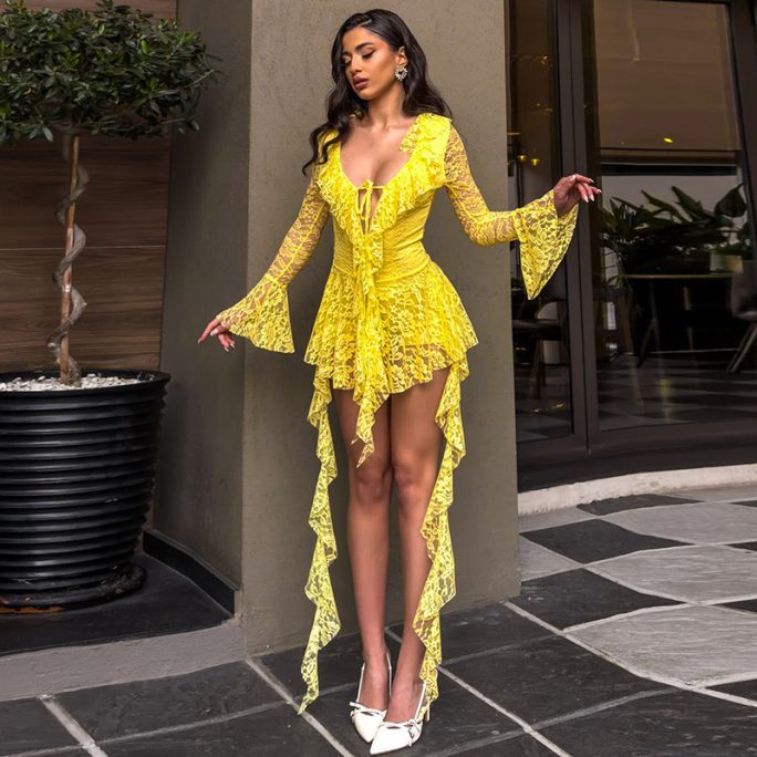 Lace Lotus Leaf Streamer Long Sleeve Eith Safety Pants Short Dress in Dresses