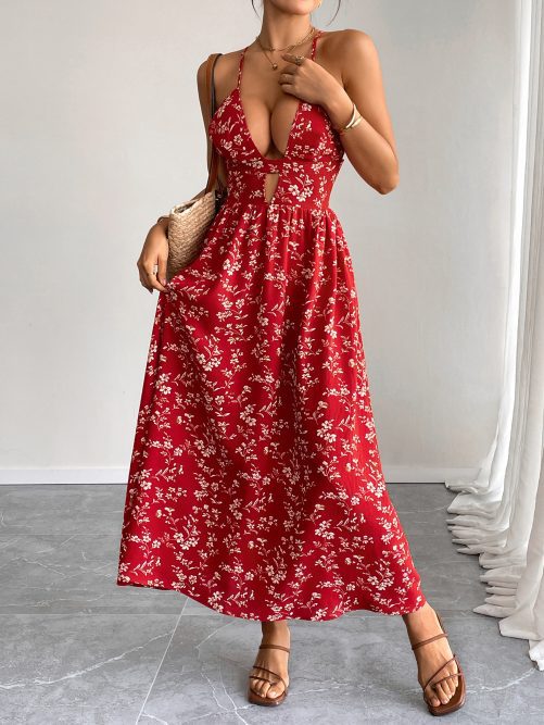 Retro V Neck Floral Slim Fit Maxi Dress in Dresses
