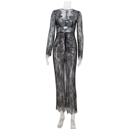 Lace See Through Sexy V Neck Slim Fit Hip Dress in Dresses