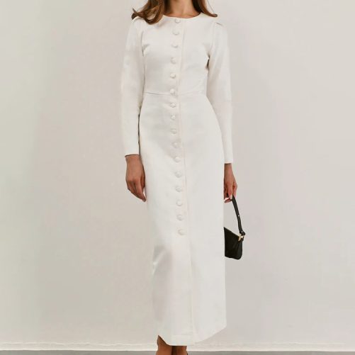 Elegant Single Breasted Round Neck Long-Sleeved Waist Sheath White Dress in Dresses