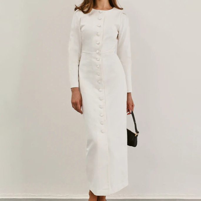 Elegant Single Breasted Round Neck Long-Sleeved Waist Sheath White Dress in Dresses