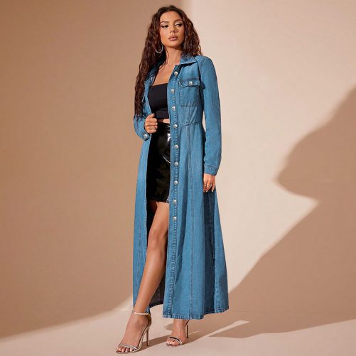 Denim Button Cardigan Coat Dress in Dresses
