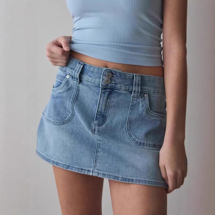Double Button High Waist Slim Denim Skirt in Skirts