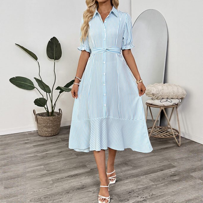 Elegant Office Shirt Puff Sleeve Polo Collar Stripes Dress in Dresses