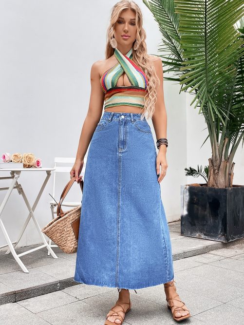 High Waist Slimming A Line Denim Skirt in Skirts
