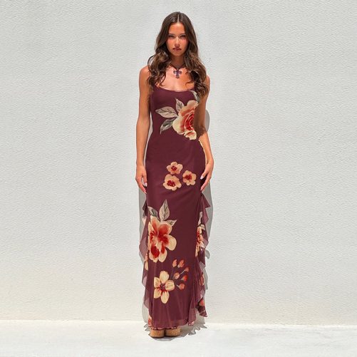 Floral Mesh Ribbon Slit Sheath Suspender Dress in Dresses