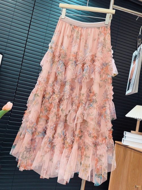 Stitching Printing Floral Puffy Long Skirt in Skirts