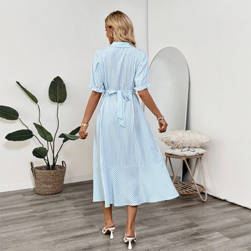 Elegant Office Shirt Puff Sleeve Polo Collar Stripes Dress in Dresses