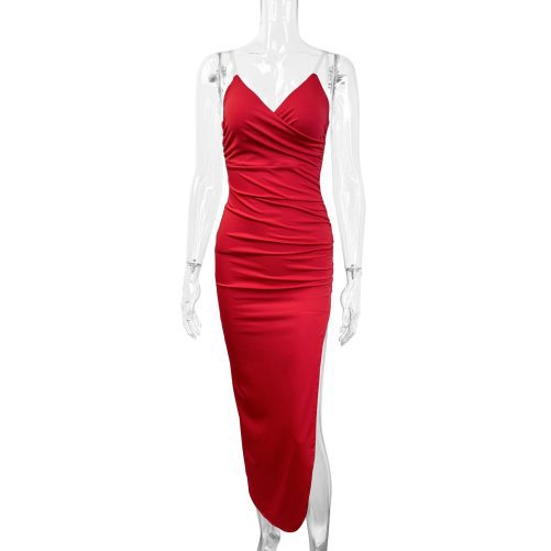 Sexy V Neck Backless Split Long Sleeveless Dress in Dresses