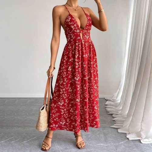 Retro V Neck Floral Slim Fit Maxi Dress in Dresses