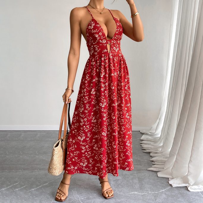 Retro V Neck Floral Slim Fit Maxi Dress in Dresses