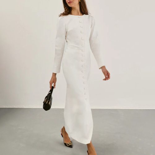 Elegant Single Breasted Round Neck Long-Sleeved Waist Sheath White Dress in Dresses